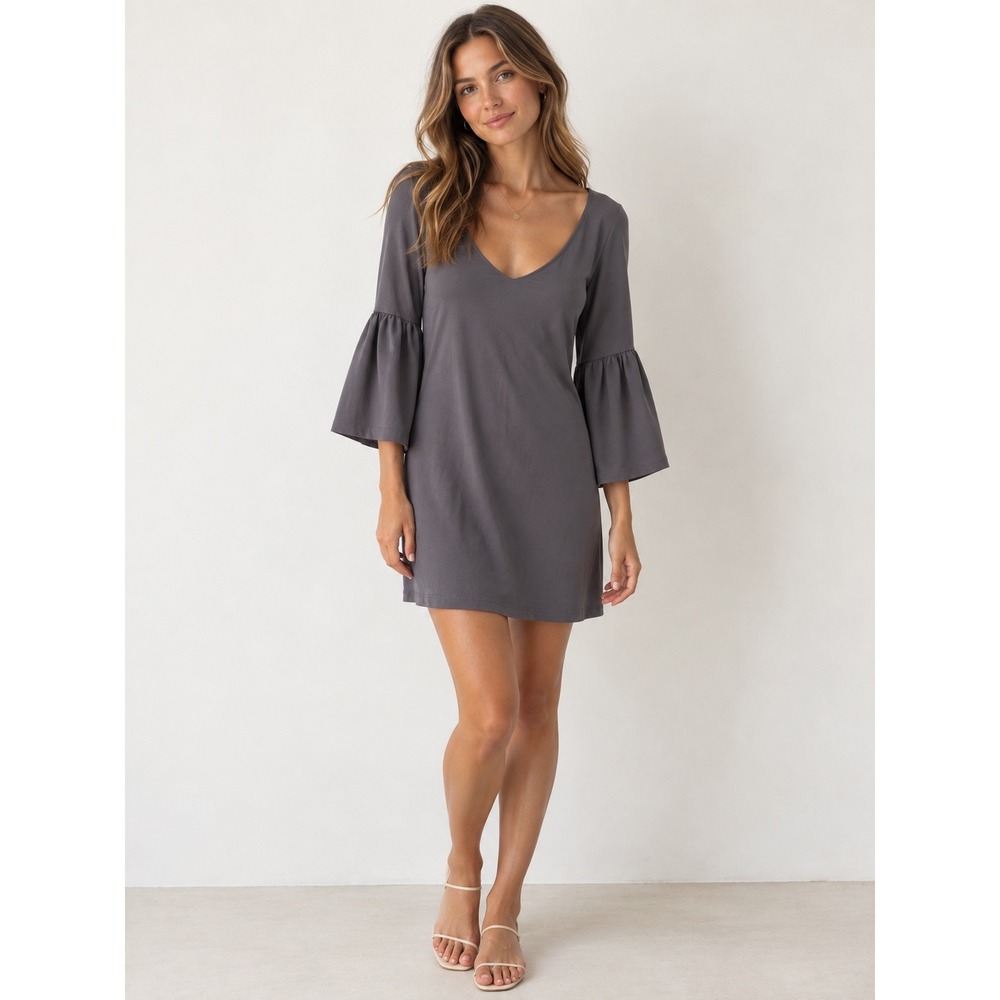 Susana Monaco Bell Sleeve Dress Women S Grey V-Neck Mini Minimalist Luxury